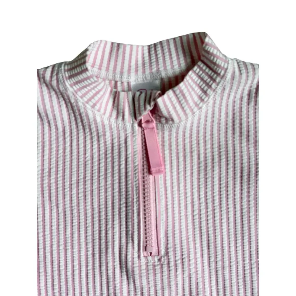 RuffleButts Seersucker Long Sleeve Rash Guard (Pink & White Striped) - 4T